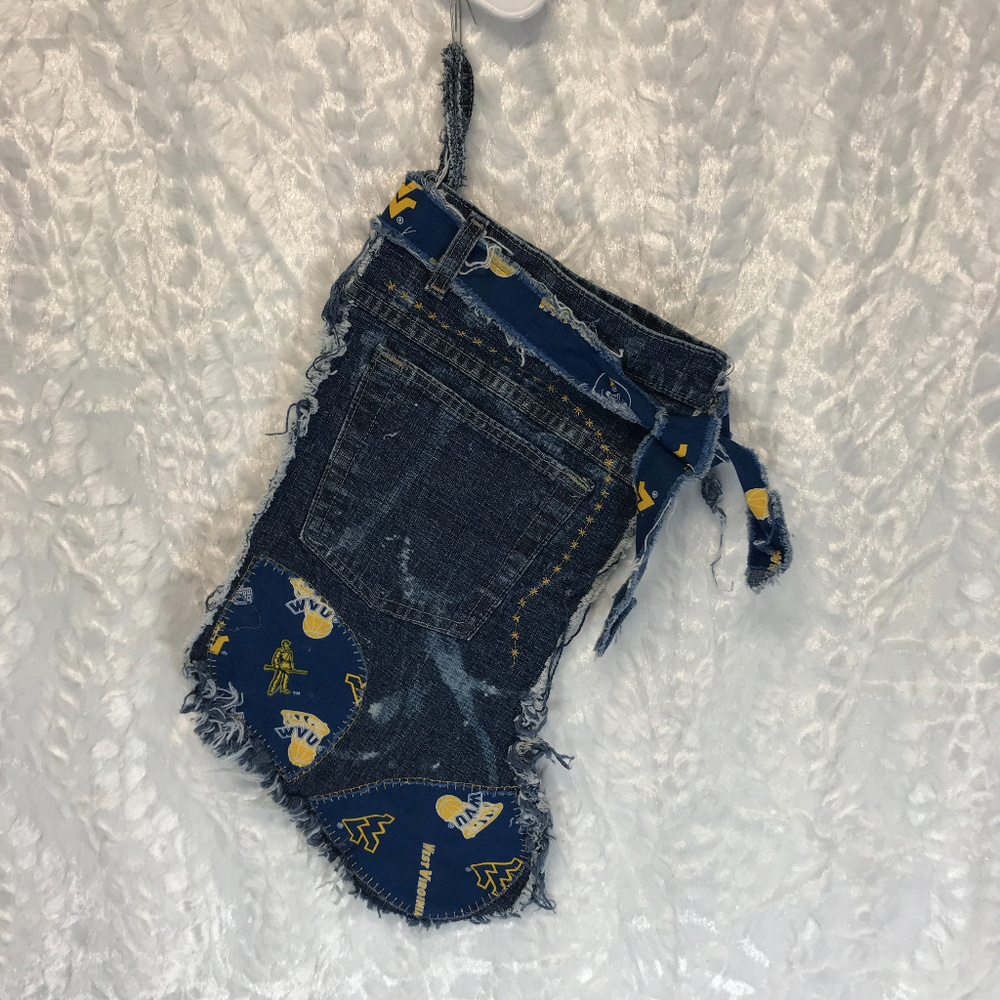 Christmas Stocking Hand Made Denim Distressed WVU